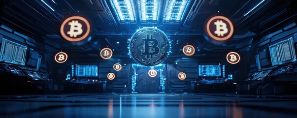 Digital currency icons floating above a sleek modern background, symbolizing the future of finance and technology.