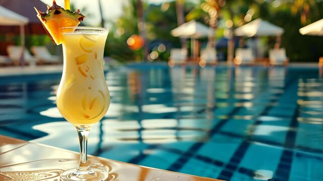 Pineapple cocktail by the pool, evoking tropical relaxation and vacation vibes in a sunny, outdoor setting.

