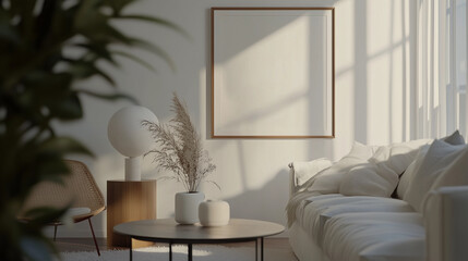 Mockup frame displayed in a warm, inviting living room with soft lighting and comfortable furnishings. cozy home interior, framed art, soft decor.