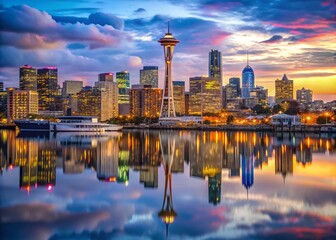Obraz premium Stunning Seattle WA Skyline at Dusk with Illuminated Skyscrapers and Reflections on Water for Urban Landscape