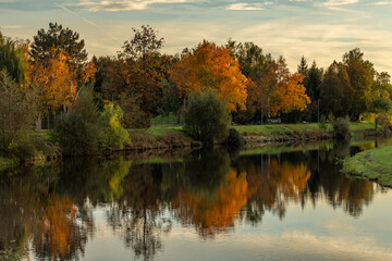 Autumn sunny evening near Vltava river in Ceske Budejovice