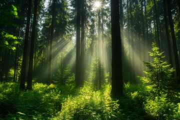 Obraz premium Sunlight Rays Piercing Through Dense Forest Canopy