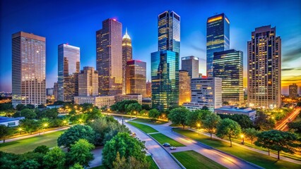 Fototapeta premium Stunning Skyscrapers in Houston Texas Showcasing Modern Architecture and Urban Landscape Against a Clear Blue Sky