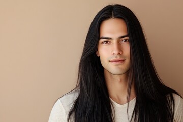 Obraz premium Portrait of handsome woman with model face and long black hair