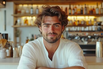 Obraz premium Cute man barista stands behind the counter of coffee shop. Takeaway food