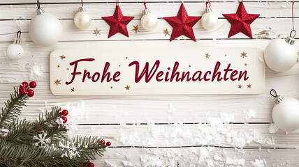 text " Frohe Weihnachten" Merry Christmas in German. German christmas decorations, white snow falling down, red stars hanging from the ceiling, pine branches, white balls, wood grain, white wooden wal