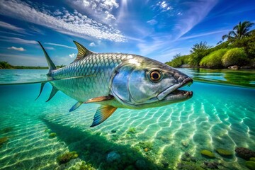 Fototapeta premium Stunning Tarpon Fish Pictures: Captivating Images of Tarpon in Crystal Clear Waters for Nature and Fishing Enthusiasts