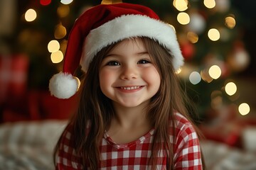Smiling child girl in checkered pajamas and red santa hat on blurred fir tree lights background