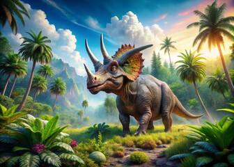 Stunning Triceratops Picture in Lush Prehistoric Landscape, Ideal for Educational Content and Dinosaur Enthusiasts'