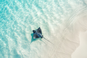 A stingray swims on the white sand underwater