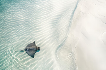 A stingray swims on the white sand underwater