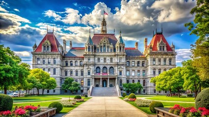 Fototapeta premium Stunning View of NYS Capitol Building: Architectural Marvel in Albany Surrounded by Lush Greenery and Historic Charm
