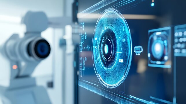 3D render of a digital retinal scanner examining a patient's eye, with close-up of lens and real-time digital imaging