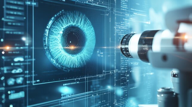 3D render of a digital retinal scanner examining a patient's eye, with close-up of lens and real-time digital imaging