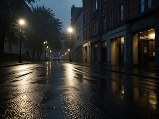 A street with a light shining on it and rain falling.
