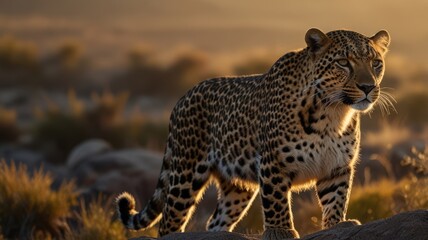 Fototapeta premium A leopard stands on a rock with the sun setting behind it. The leopard's fur is a beautiful pattern of black spots on a golden background.