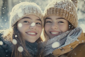 Portrait of beautiful young twins sisters dressed in warm clothes in winter park