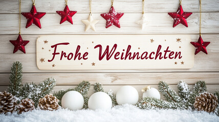 text " Frohe Weihnachten" Merry Christmas in German. German christmas decorations, white snow falling down, red stars hanging from the ceiling, pine branches, white balls, wood grain, white wooden wal