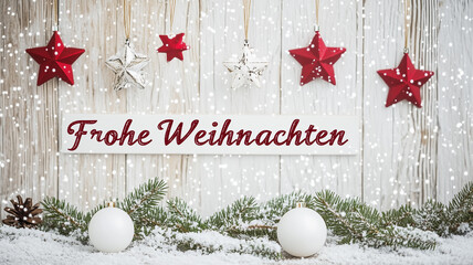 text " Frohe Weihnachten" Merry Christmas in German. German christmas decorations, white snow falling down, red stars hanging from the ceiling, pine branches, white balls, wood grain, white wooden wal