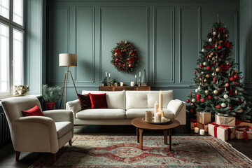 Cozy Christmas living room interior with a modular sofa, armchair, candlestick, Christmas tree, gifts, decorations