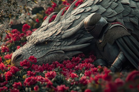 A Dragon Sleeping Peacefully in a Bed of Flowers, While a Knight Stands by It
