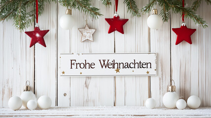 text " Frohe Weihnachten" Merry Christmas in German. German christmas decorations, white snow falling down, red stars hanging from the ceiling, pine branches, white balls, wood grain, white wooden wal