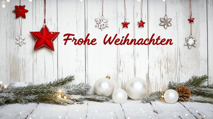text " Frohe Weihnachten" Merry Christmas in German. German christmas decorations, white snow falling down, red stars hanging from the ceiling, pine branches, white balls, wood grain, white wooden wal