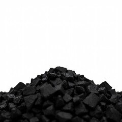 Black coal pile against a white background showcasing raw natural resources and their texture in a minimalist style