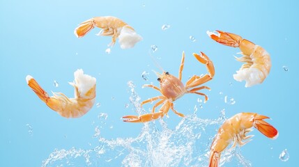 Fresh Seafood with Shrimp and Crab in Blue Background