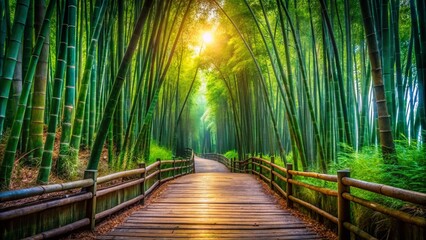 Tranquil Bamboo Forest Pathway Surrounded by Lush Greenery for Nature Lovers and Serenity Seekers in a Peaceful