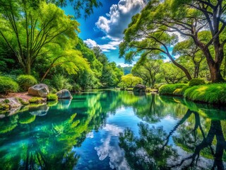 Tranquil Wetspace: Serene Reflections and Lush Greenery in a Peaceful Water Environment for Nature Lovers and