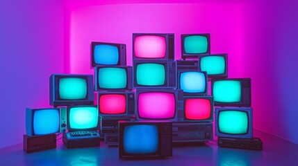 Vintage TVs with Neon Glows in Retro Setup