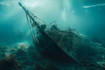 A Shipwreck on the Ocean Floor, Where the Remains of the Ship Are Covered in Coral and Seaweed