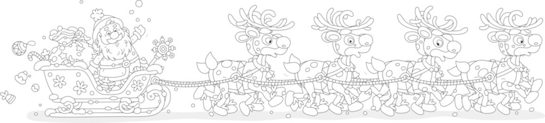 Santa Claus with holiday gifts riding in his magic sleigh with a team of flying reindeers on a snowy night before Christmas, black and white vector cartoon illustration for a coloring book