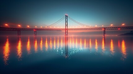 Obraz premium Illuminated Suspension Bridge at Night with Reflection on Tranquil Water