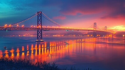 Obraz premium Illuminated Suspension Bridge at Night with Reflection on Tranquil Water
