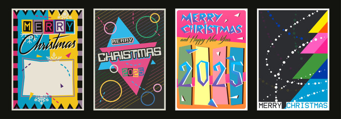 Obraz premium 1980s Christmas Postcard Style Illustration, Merry Christmas Greetings, 80s Party Poster, Retro Color Abstract Mosaic Background 