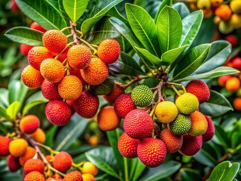 Vibrant Arrayan Plant with Lush Green Leaves and Colorful Fruits in Natural Setting, Showcasing Nature's Beauty and