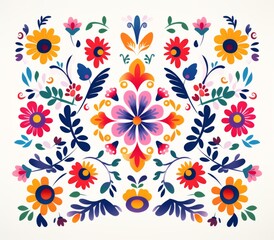 Mexican traditional floral ornaments featuring colorful flowers and leaves against a white background.