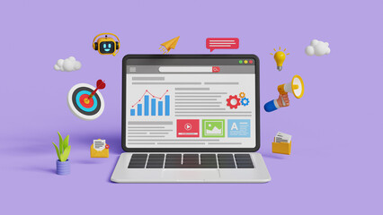 Marketing automation or web automation. Growth strategy, target audience, advertising or campaign, progress or improvement. 3D web page on computer screen with digital marketing icons