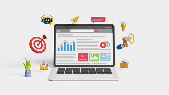 Marketing automation. Digital marketing strategy, SEO, analytics dashboard, business insight, marketing research, advertising, campaign. 3D analytics dashboard on a laptop with digital marketing icons