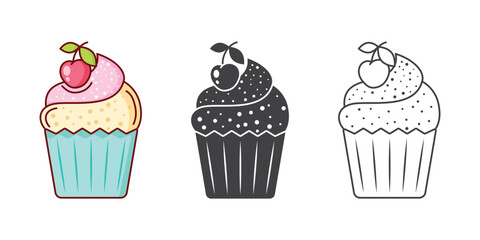 Sweet dessert icon set in flat style. Cupcake vector illustration on isolated background. Muffin sign business concept.