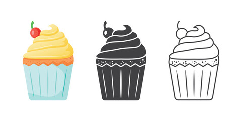 Sweet dessert icon set in flat style. Cupcake vector illustration on isolated background. Muffin sign business concept.