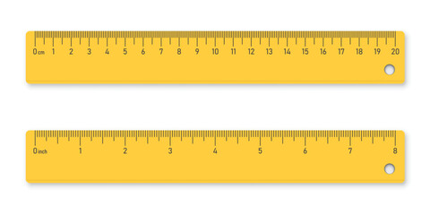 Yellow plastic ruler icon in flat style. Measuring tool vector illustration on isolated background. Ruler with inches and centimeters sign business concept.