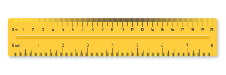 Yellow plastic ruler icon in flat style. Measuring tool vector illustration on isolated background. Ruler with inches and centimeters sign business concept.
