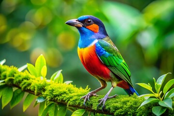 Obraz premium Vibrant Colorful Tropical Bird Perched on a Branch in Lush Greenery, Showcasing Nature's Beauty and Wildlife Diversity