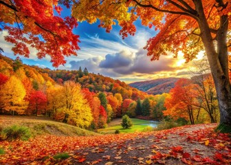 Fototapeta premium Vibrant Fall Colored Leaves Creating a Beautiful Autumn Landscape in Nature's Palette of Warm Hues and Textures