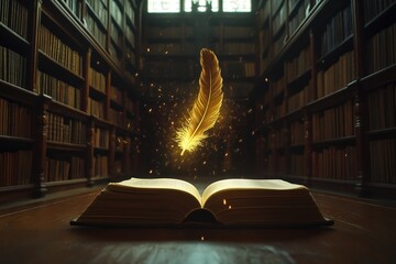 A Tiny, Golden Feather Floating Down From the Sky, Landing on a Colossal, Ancient Tome in the Middle of a Vast, Empty Library