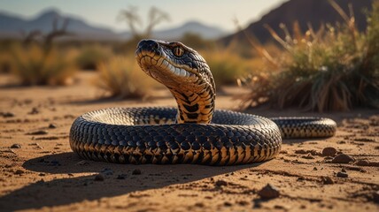 Fototapeta premium A black and yellow snake with a white stripe on its head is coiled up on the sand with a desert landscape in the background.