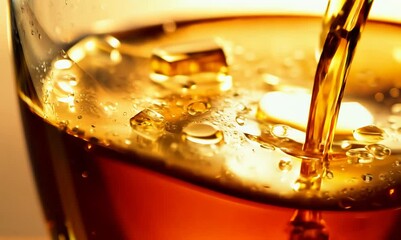 whiskey pouring into a glass with ice and bokeh background